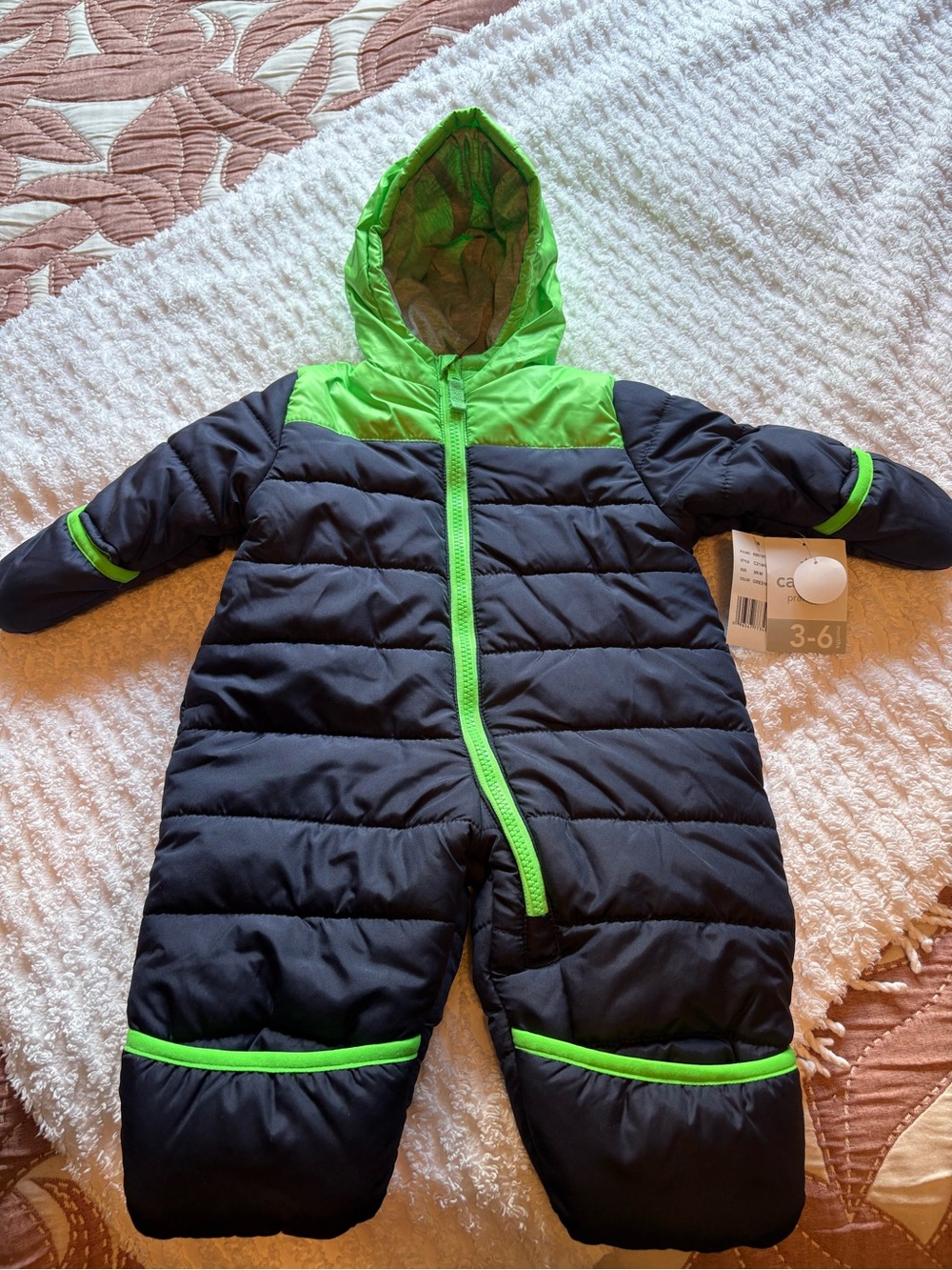 Carter's Black and Neon Green Puffer Baby One-Piece Snowsuit